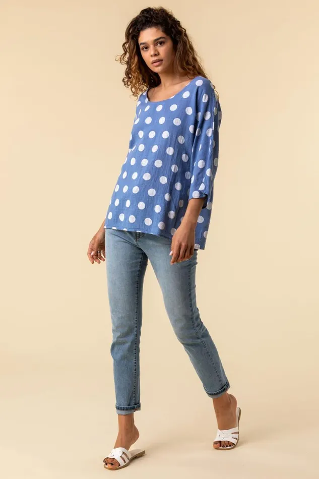 Women Denim Spot Print 34 Sleeve Top Roman Tops