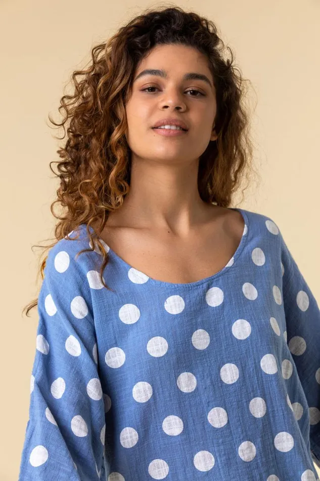 Women Denim Spot Print 34 Sleeve Top Roman Tops