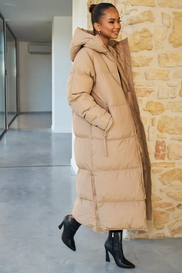 Women Double Zip Longline Puffer Coat In Camel Camel Brentiny Paris Parkas And Down Jackets