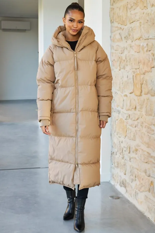 Women Double Zip Longline Puffer Coat In Camel Camel Brentiny Paris Parkas And Down Jackets