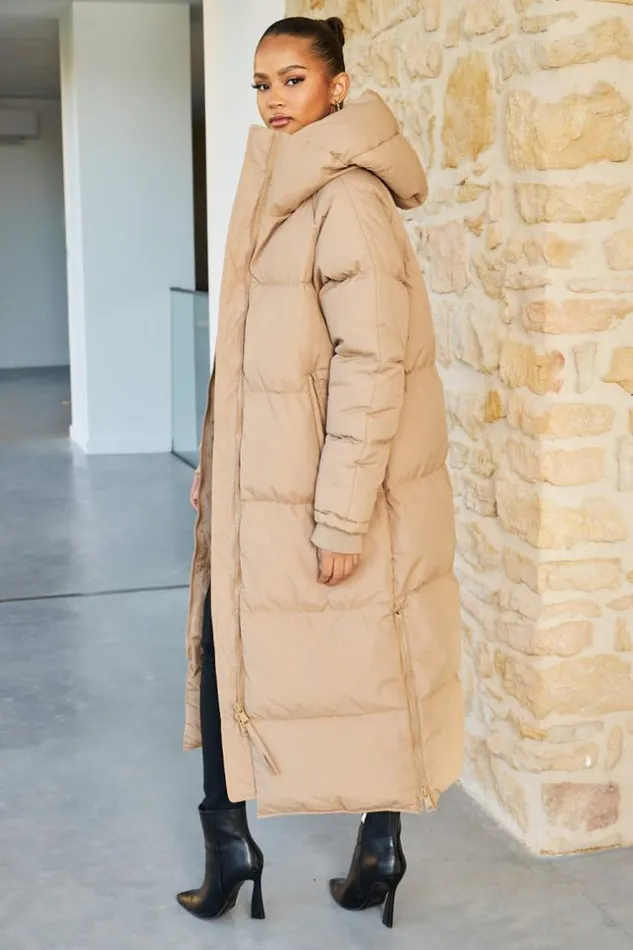Women Double Zip Longline Puffer Coat In Camel Camel Brentiny Paris Parkas And Down Jackets