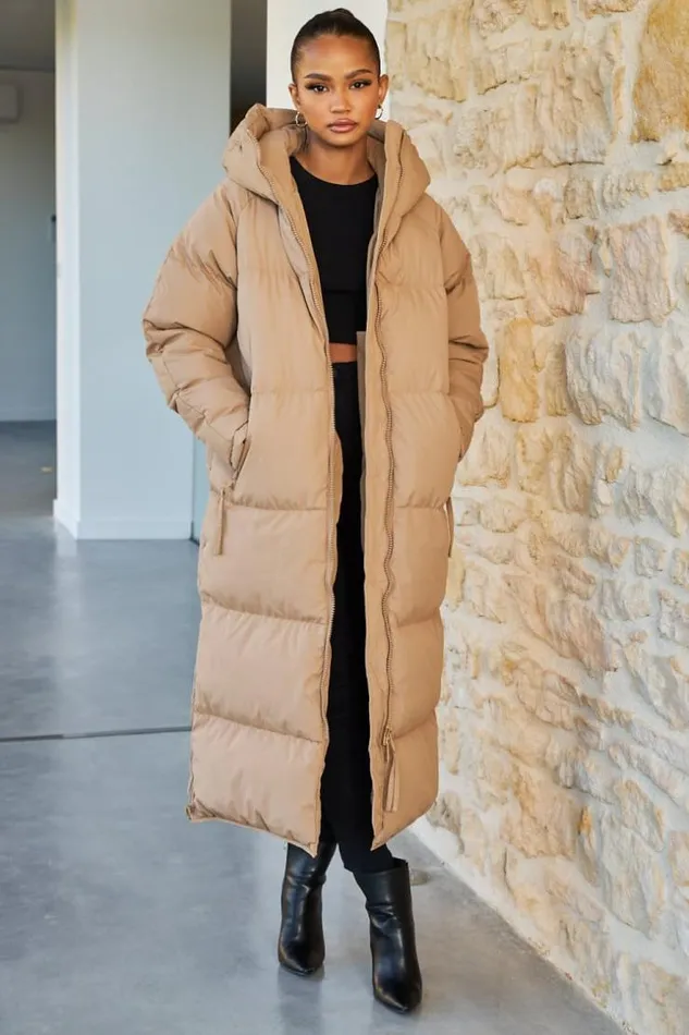 Women Double Zip Longline Puffer Coat In Camel Camel Brentiny Paris Parkas And Down Jackets