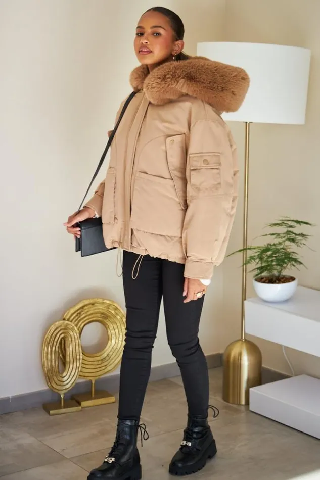 Women Doudoune Courte Camel Capuche En Fourrure Camel Brentiny Paris Parkas And Down Jackets