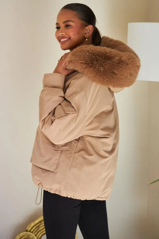 Women Doudoune Courte Camel Capuche En Fourrure Camel Brentiny Paris Parkas And Down Jackets
