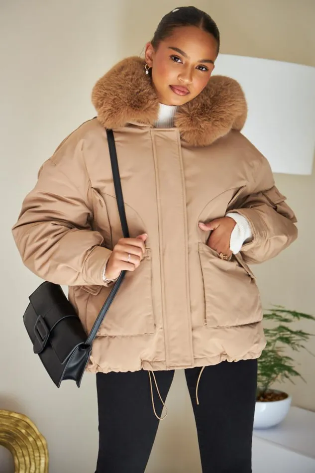 Women Doudoune Courte Camel Capuche En Fourrure Camel Brentiny Paris Parkas And Down Jackets