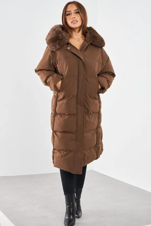 Women Doudoune Longue Marron Capuche Brown Brentiny Paris Parkas And Down Jackets