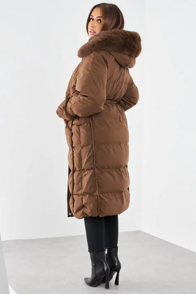Women Doudoune Longue Marron Capuche Brown Brentiny Paris Parkas And Down Jackets