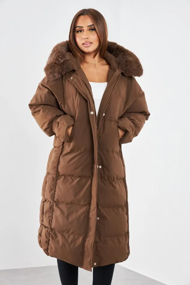Women Doudoune Longue Marron Capuche Brown Brentiny Paris Parkas And Down Jackets