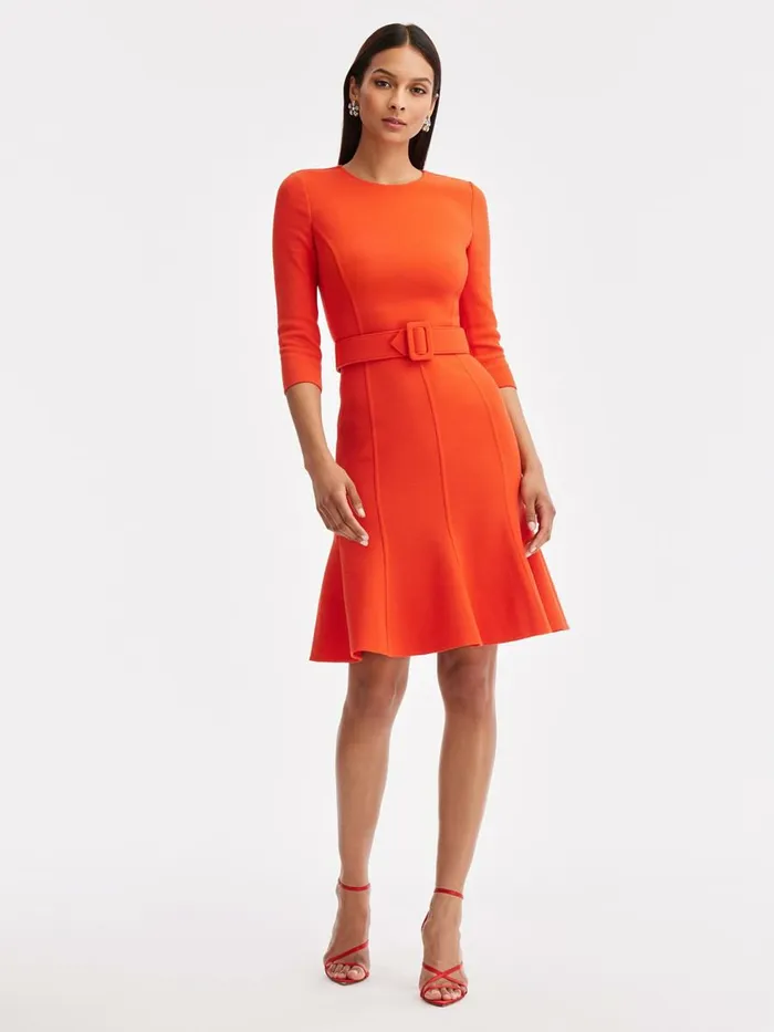 Women Dresses Oscar De La Renta 34 Sleeve Belted Midi Dress Vermilion
