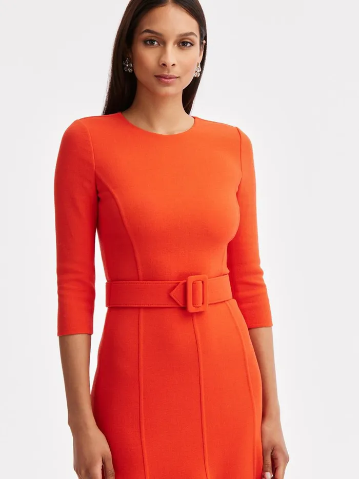 Women Dresses Oscar De La Renta 34 Sleeve Belted Midi Dress Vermilion Women Dresses Oscar De La Renta 34 Sleeve Belted Midi Dress Vermilion