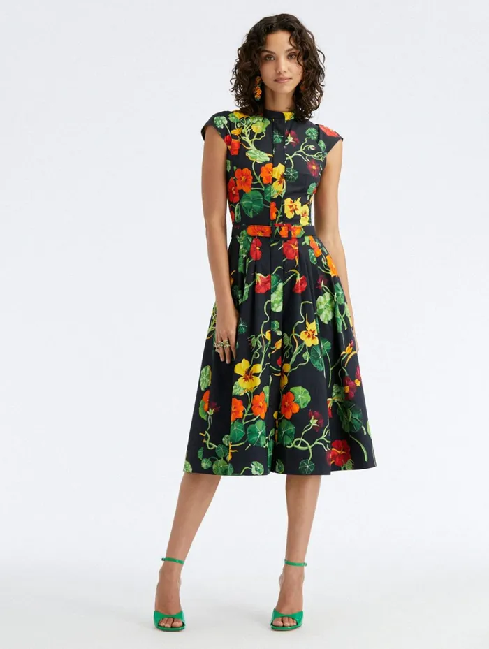 Women Dresses Oscar De La Renta Cap Sleeve Nasturtium Cotton Poplin Dress Navy Multi