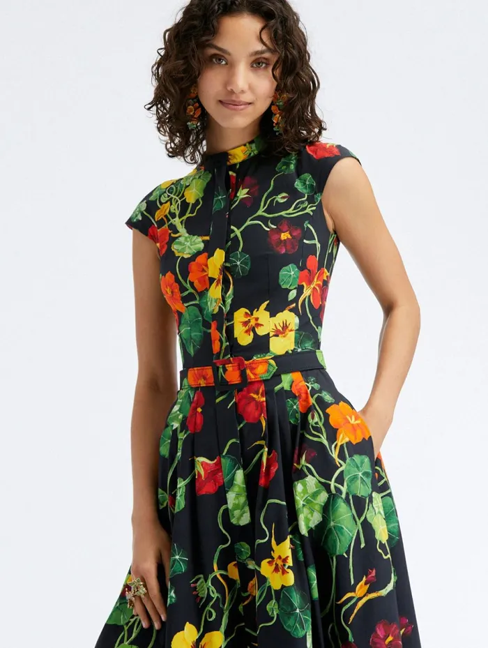 Women Dresses Oscar De La Renta Cap Sleeve Nasturtium Cotton Poplin Dress Navy Multi Women Dresses Oscar De La Renta Cap Sleeve Nasturtium Cotton Poplin Dress Navy Multi