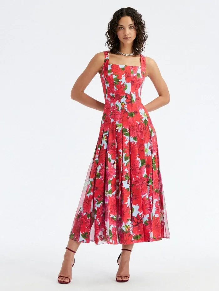 Women Dresses Oscar De La Renta Dahlia Crepe and Chiffon Inset Dress Fuchsiablue