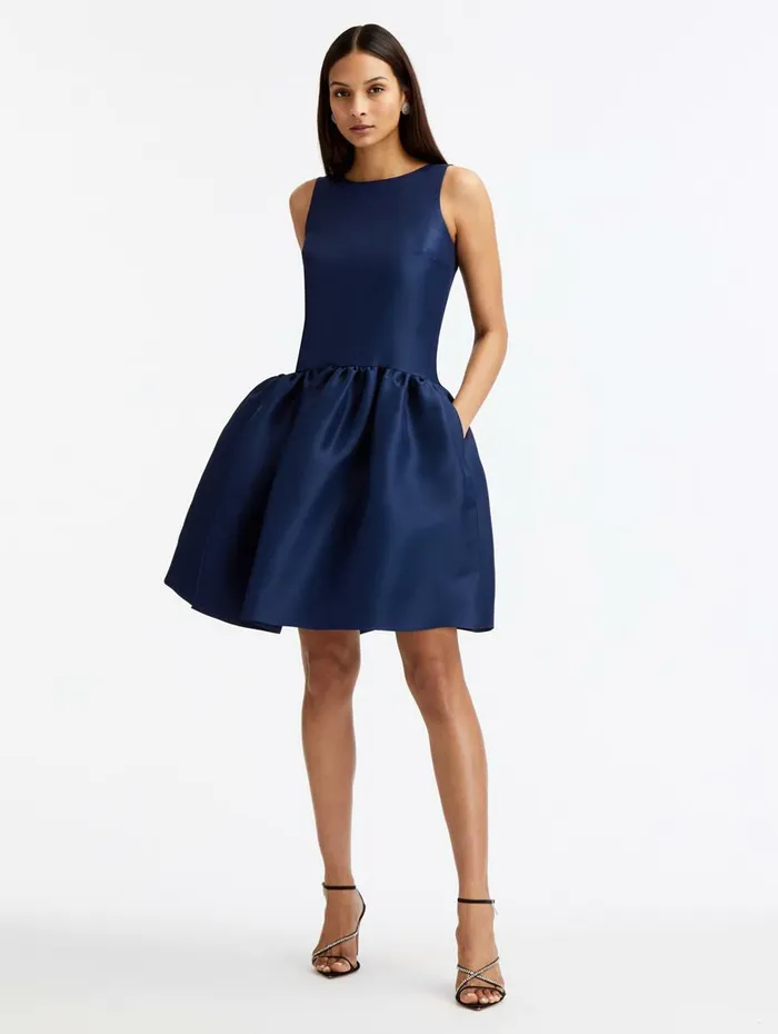 Women Dresses Oscar De La Renta Silk Drop Waist Cocktail Dress Navy