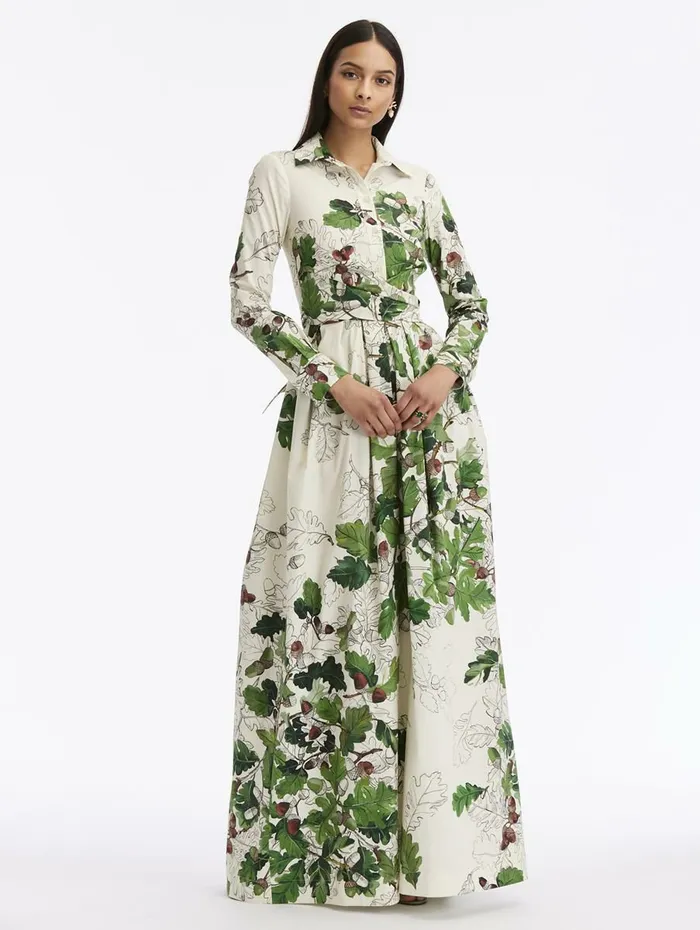 Women Dresses Oscar De La Renta Sketched Acorn Cotton Poplin Maxi Dress Greenecru