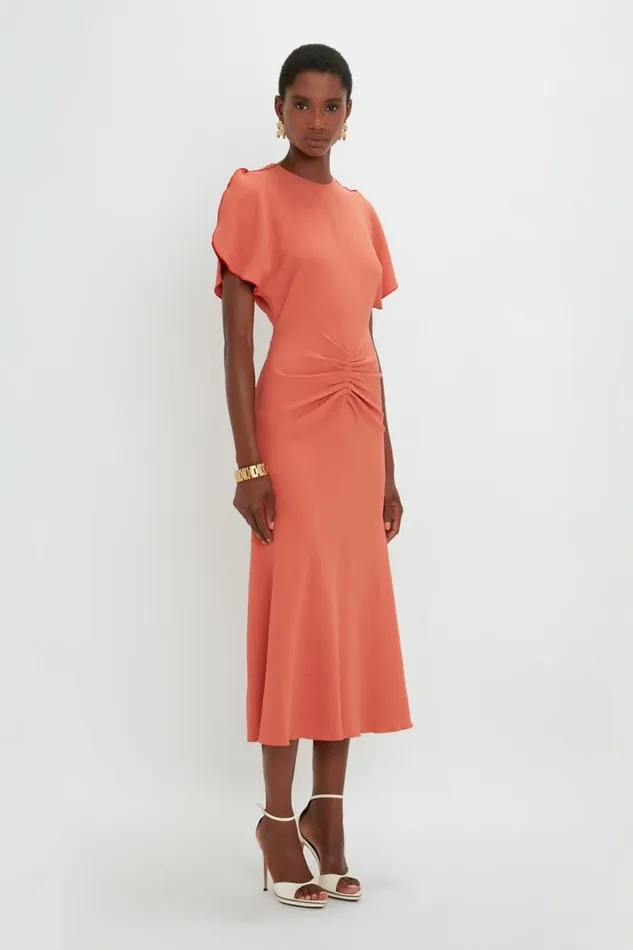 Women Dresses Victoria Beckham Gathered Waist Midi Dress In Papaya