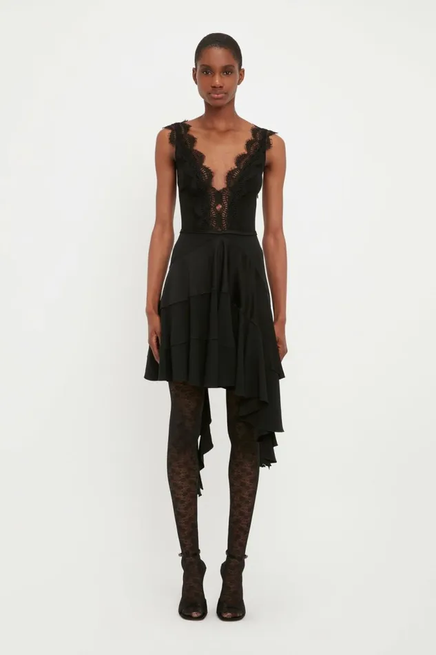 Women Dresses Victoria Beckham Lace Detail Ruffle Mini Dress In Black