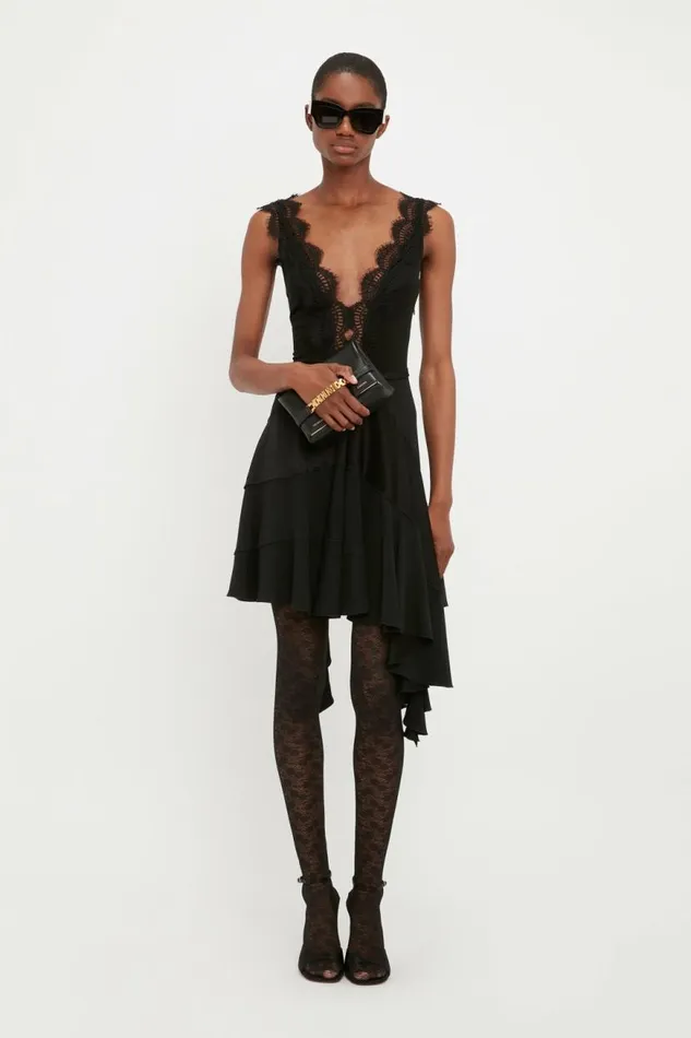 Women Dresses Victoria Beckham Lace Detail Ruffle Mini Dress In Black