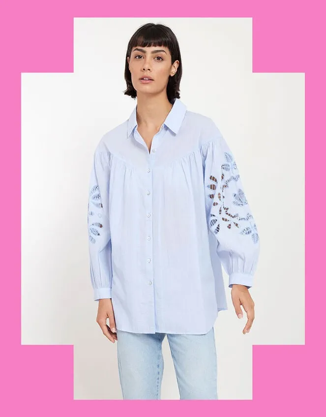 Women East Cutwork Oversized Shirt Blue Monsoon Tops and Blouses