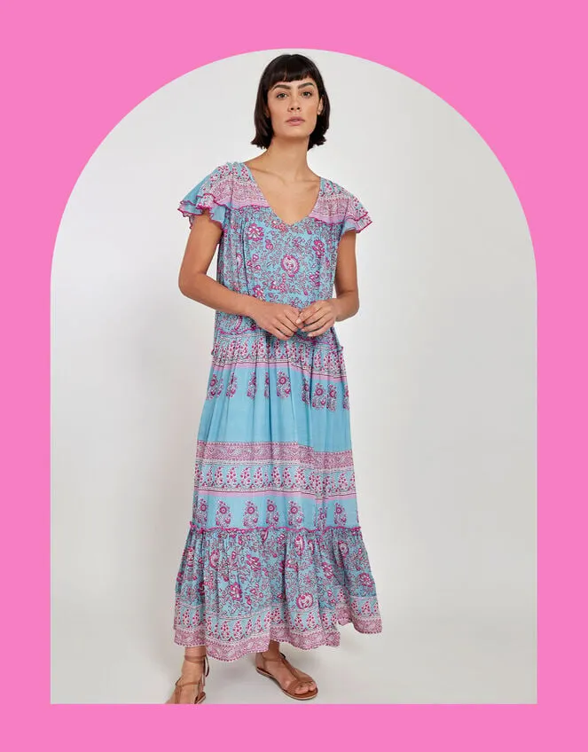 Women East Print Frill Sleeve Dress Blue Monsoon Dresses