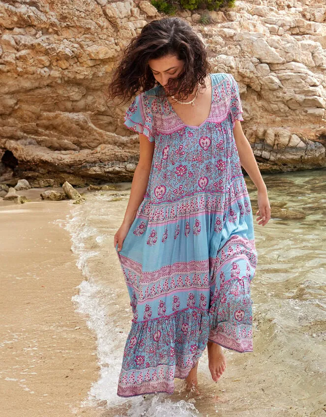 Women East Print Frill Sleeve Dress Blue Monsoon Dresses