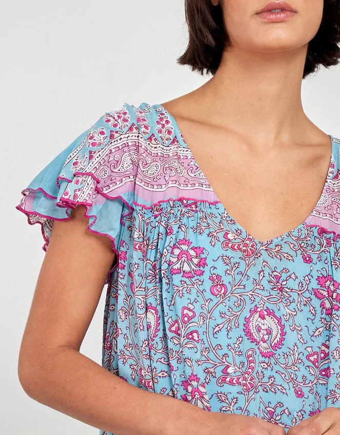 Women East Print Frill Sleeve Dress Blue Monsoon Dresses