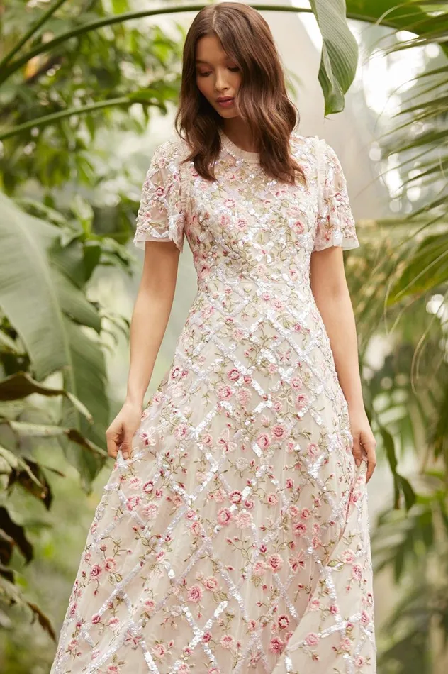 Women Embellished Dresses Needle and Thread Athena Rose Ankle Gown Champagne Women Embellished Dresses Needle and Thread Athena Rose Ankle Gown Champagne