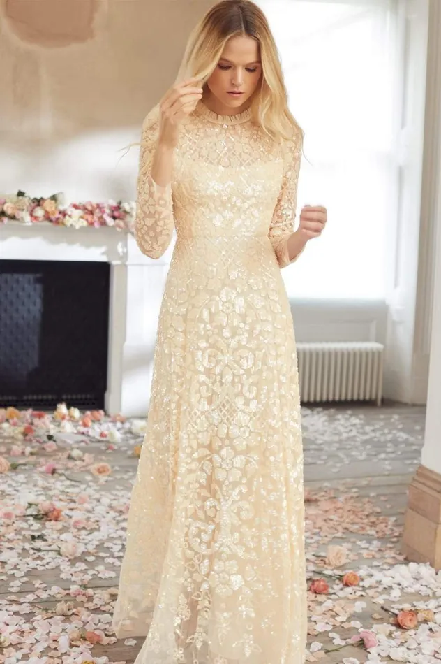 Women Embellished Dresses Needle and Thread Aurelia Long Sleeve Gown Champagne