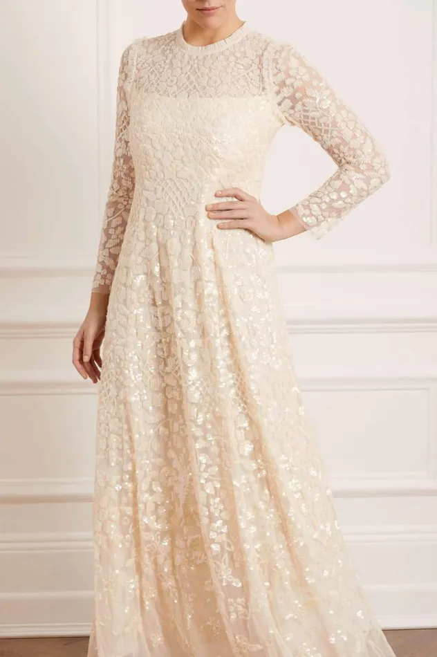 Women Embellished Dresses Needle and Thread Aurelia Long Sleeve Gown Champagne