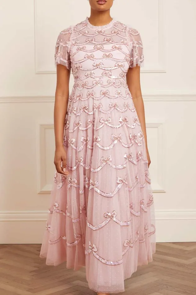Women Embellished Dresses Needle and Thread Bow Sequin Short Sleeve Gown Pink