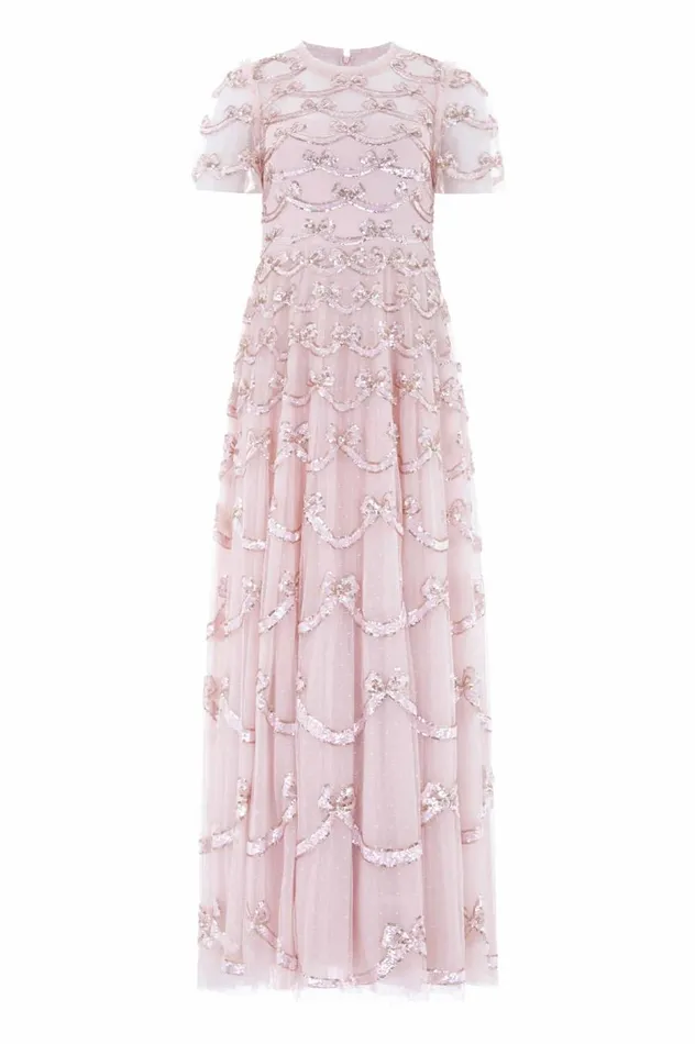 Women Embellished Dresses Needle and Thread Bow Sequin Short Sleeve Gown Pink Women Embellished Dresses Needle and Thread Bow Sequin Short Sleeve Gown Pink