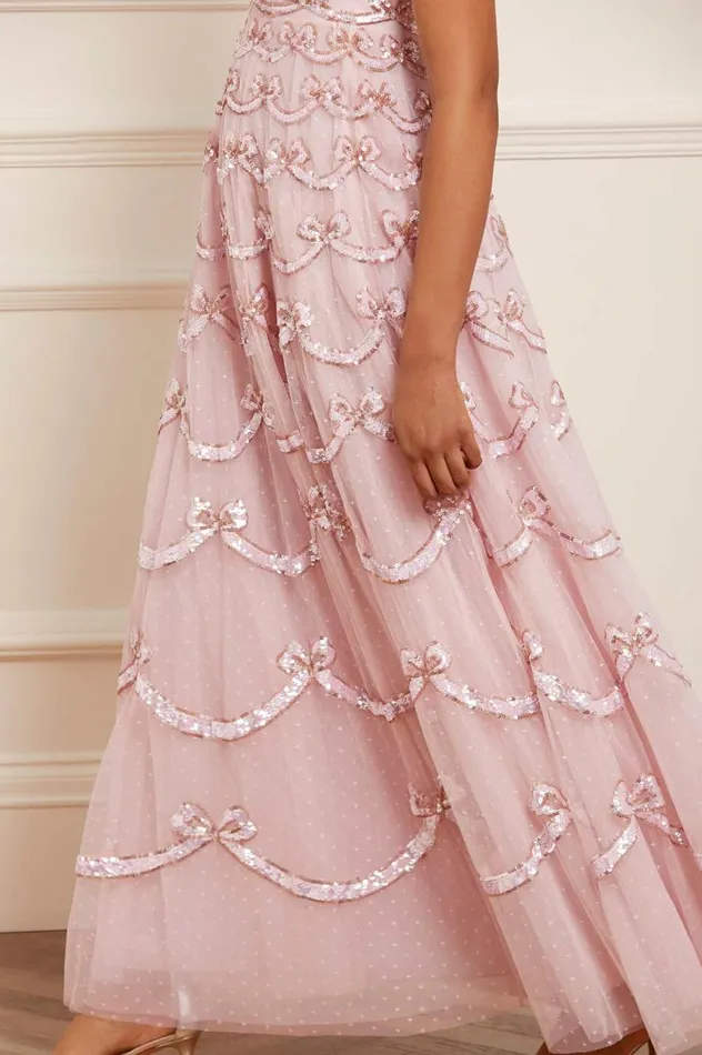 Women Embellished Dresses Needle and Thread Bow Sequin Short Sleeve Gown Pink Women Embellished Dresses Needle and Thread Bow Sequin Short Sleeve Gown Pink
