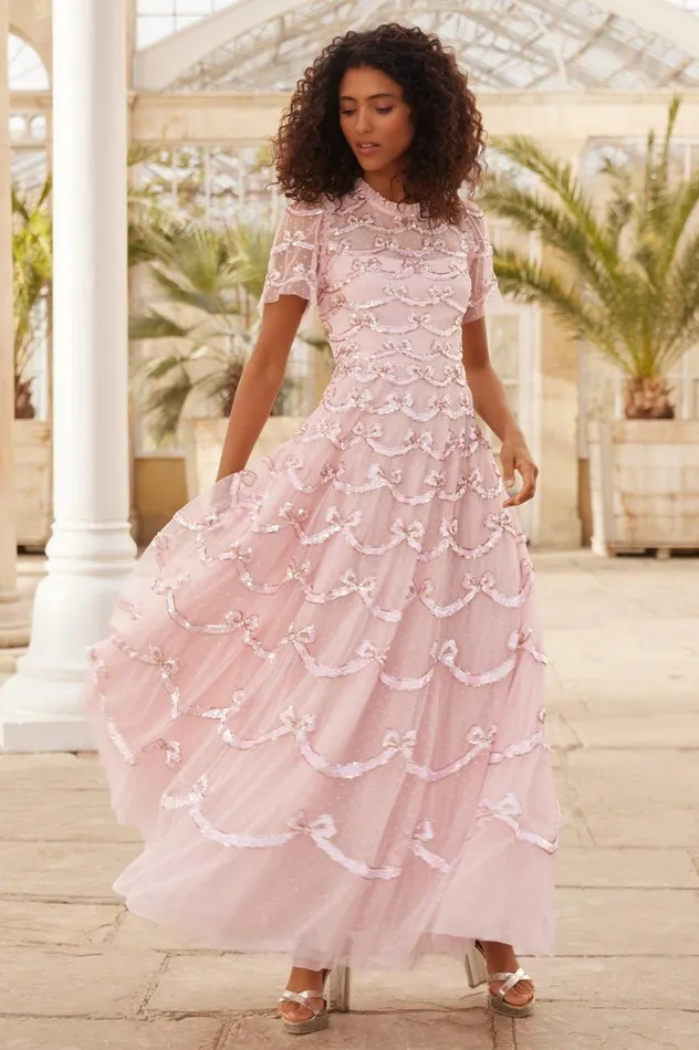Women Embellished Dresses Needle and Thread Bow Sequin Short Sleeve Gown Pink Women Embellished Dresses Needle and Thread Bow Sequin Short Sleeve Gown Pink