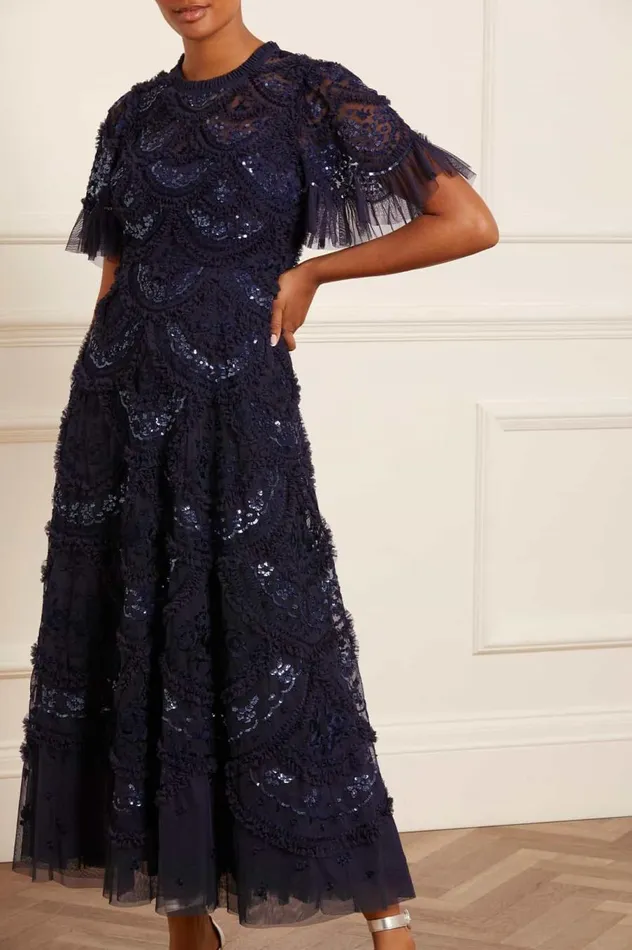 Women Embellished Dresses Needle and Thread Carmen Ruffle Ankle Gown Blue