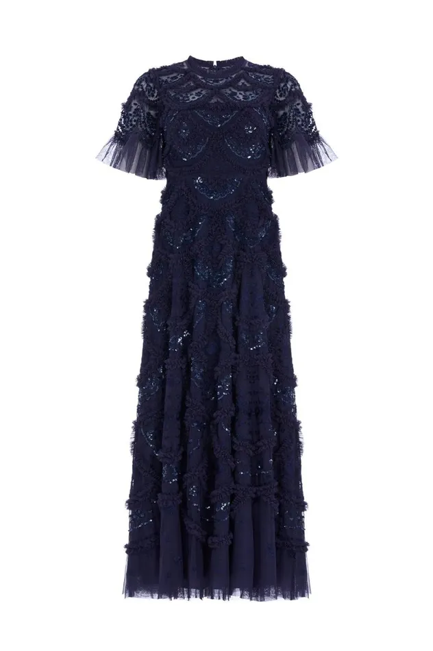 Women Embellished Dresses Needle and Thread Carmen Ruffle Ankle Gown Blue