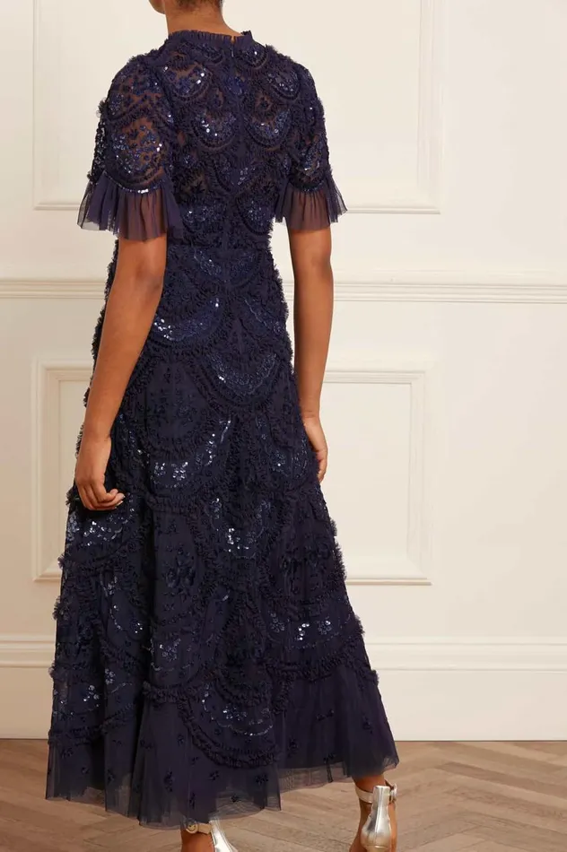 Women Embellished Dresses Needle and Thread Carmen Ruffle Ankle Gown Blue