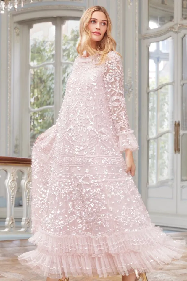 Women Embellished Dresses Needle and Thread Celia Long Sleeve Ankle Gown Pink