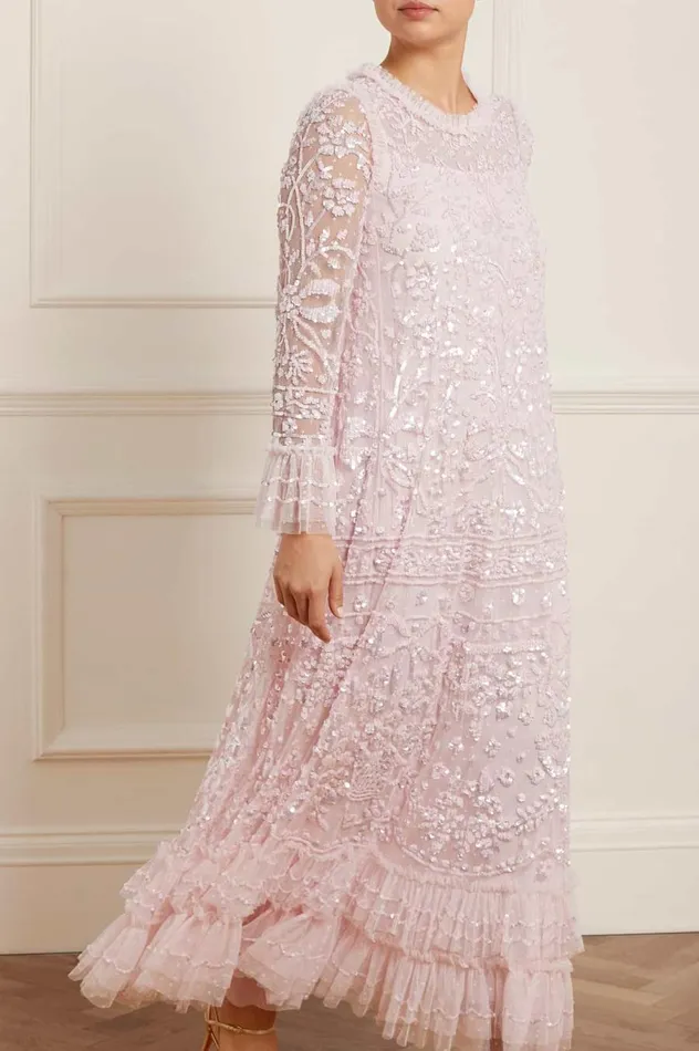 Women Embellished Dresses Needle and Thread Celia Long Sleeve Ankle Gown Pink