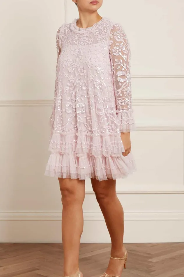 Women Embellished Dresses Needle and Thread Celia Long Sleeve Mini Dress Pink