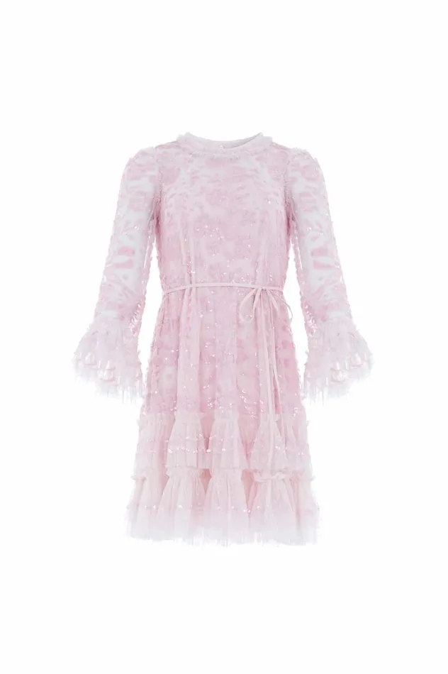 Women Embellished Dresses Needle and Thread Celia Long Sleeve Mini Dress Pink