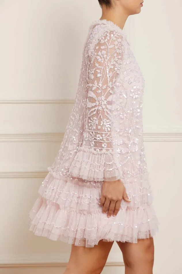 Women Embellished Dresses Needle and Thread Celia Long Sleeve Mini Dress Pink