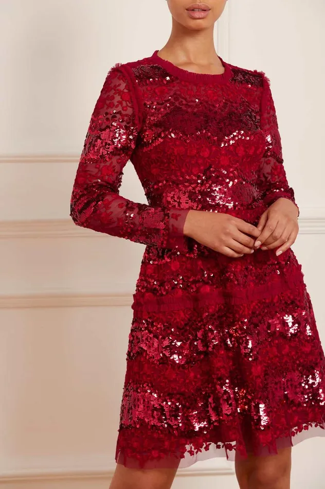 Women Embellished Dresses Needle and Thread Chantilly Sequin Micro Mini Dress Red
