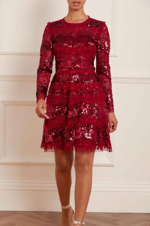 Women Embellished Dresses Needle and Thread Chantilly Sequin Micro Mini Dress Red