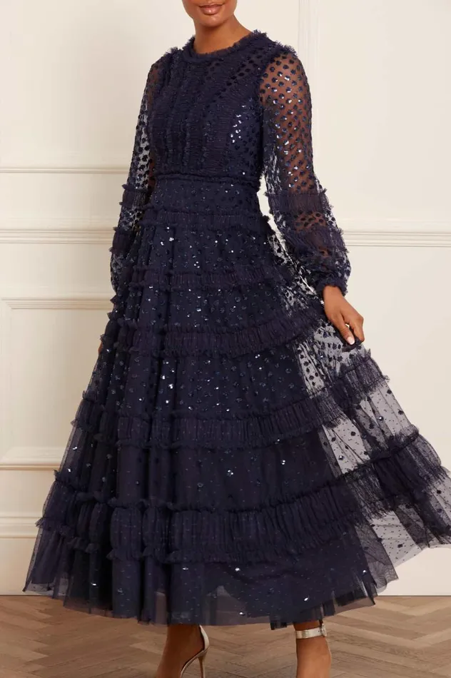Women Embellished Dresses Needle and Thread Dot Shimmer Ankle Gown Blue