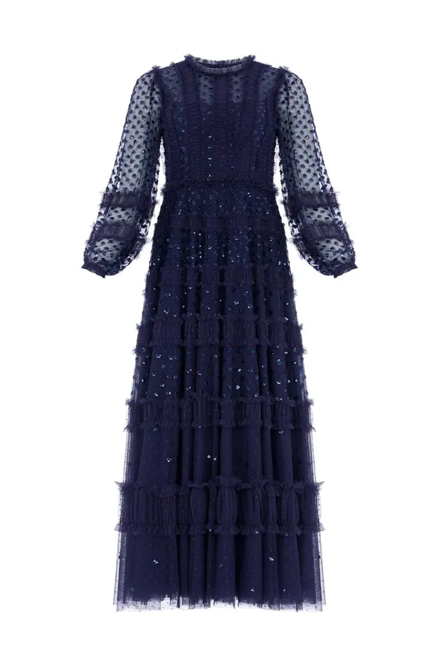 Women Embellished Dresses Needle and Thread Dot Shimmer Ankle Gown Blue