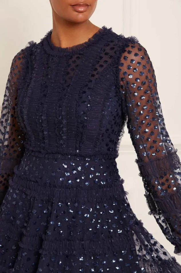 Women Embellished Dresses Needle and Thread Dot Shimmer Ankle Gown Blue