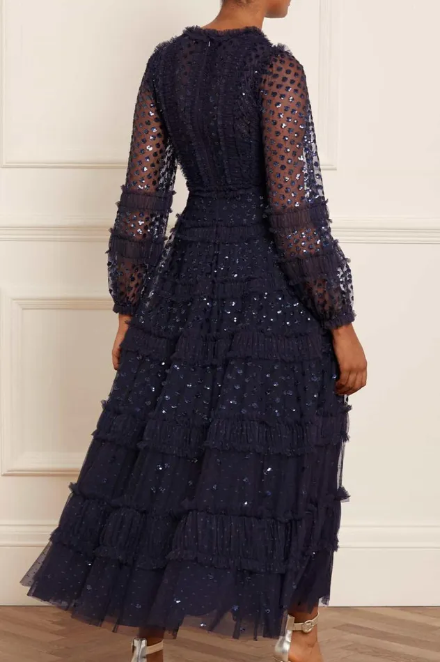 Women Embellished Dresses Needle and Thread Dot Shimmer Ankle Gown Blue