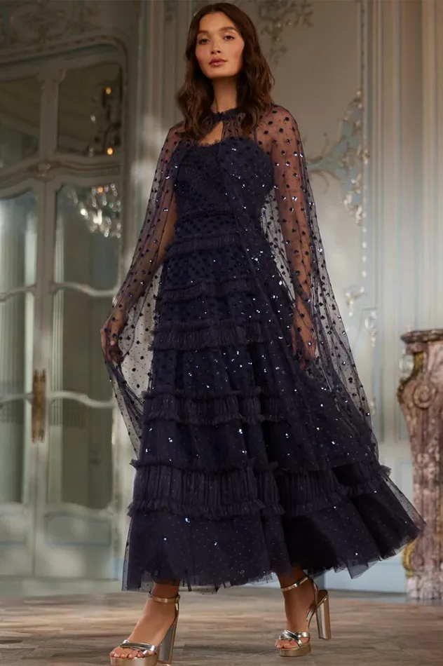 Women Embellished Dresses Needle and Thread Dot Shimmer Ankle Gown Blue