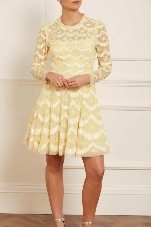 Women Embellished Dresses Needle and Thread Fifi Long Sleeve Mini Dress Yellow