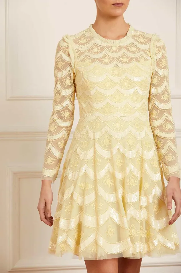 Women Embellished Dresses Needle and Thread Fifi Long Sleeve Mini Dress Yellow
